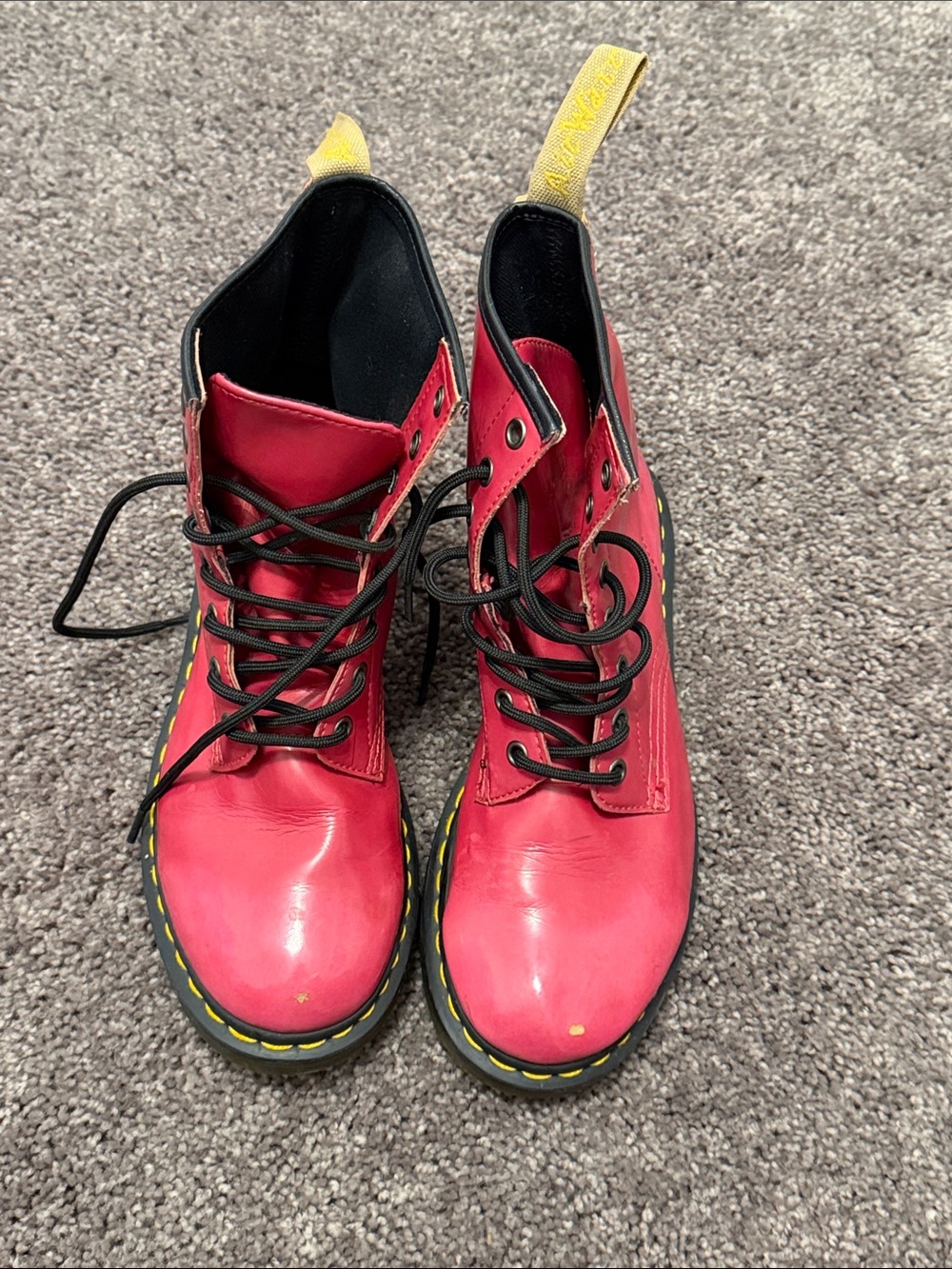 Dr. Martens Pink Lace-Up Combat Boots with Yellow Pull Tabs